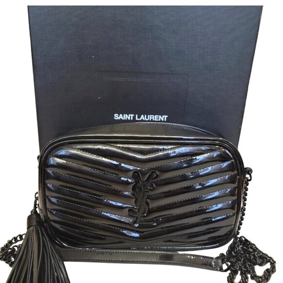 YSL SAINT LAURENT Patent Calfskin Matelassé Monogram Mini Lou Camera Bag Black - Picture 1 of 5